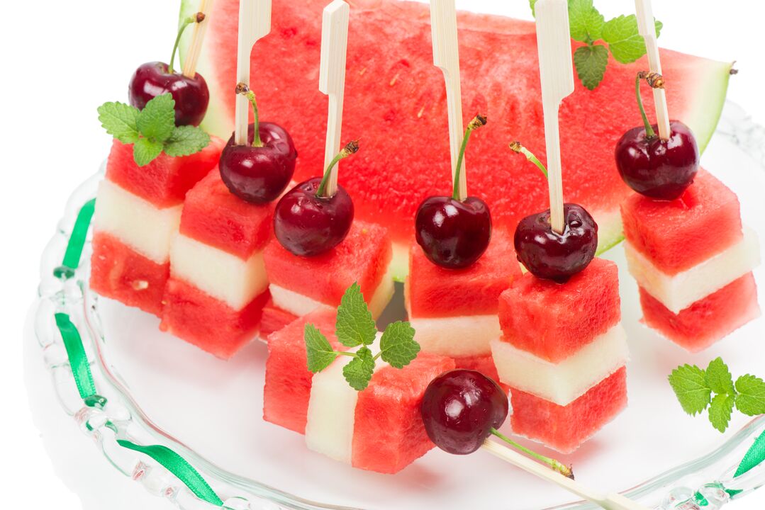 Watermelon, melon and cherry canapes - a savory dessert of the watermelon diet